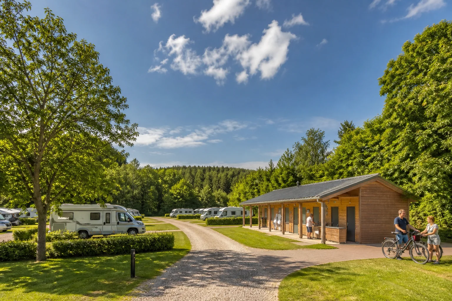 Gepflegter Campingplatz mit Stellplätzen und Gemeinschaftsgebäude